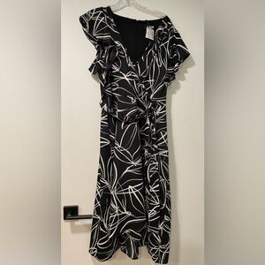 DKNY Black and White Wrap Dress with Ruffle Sleeves